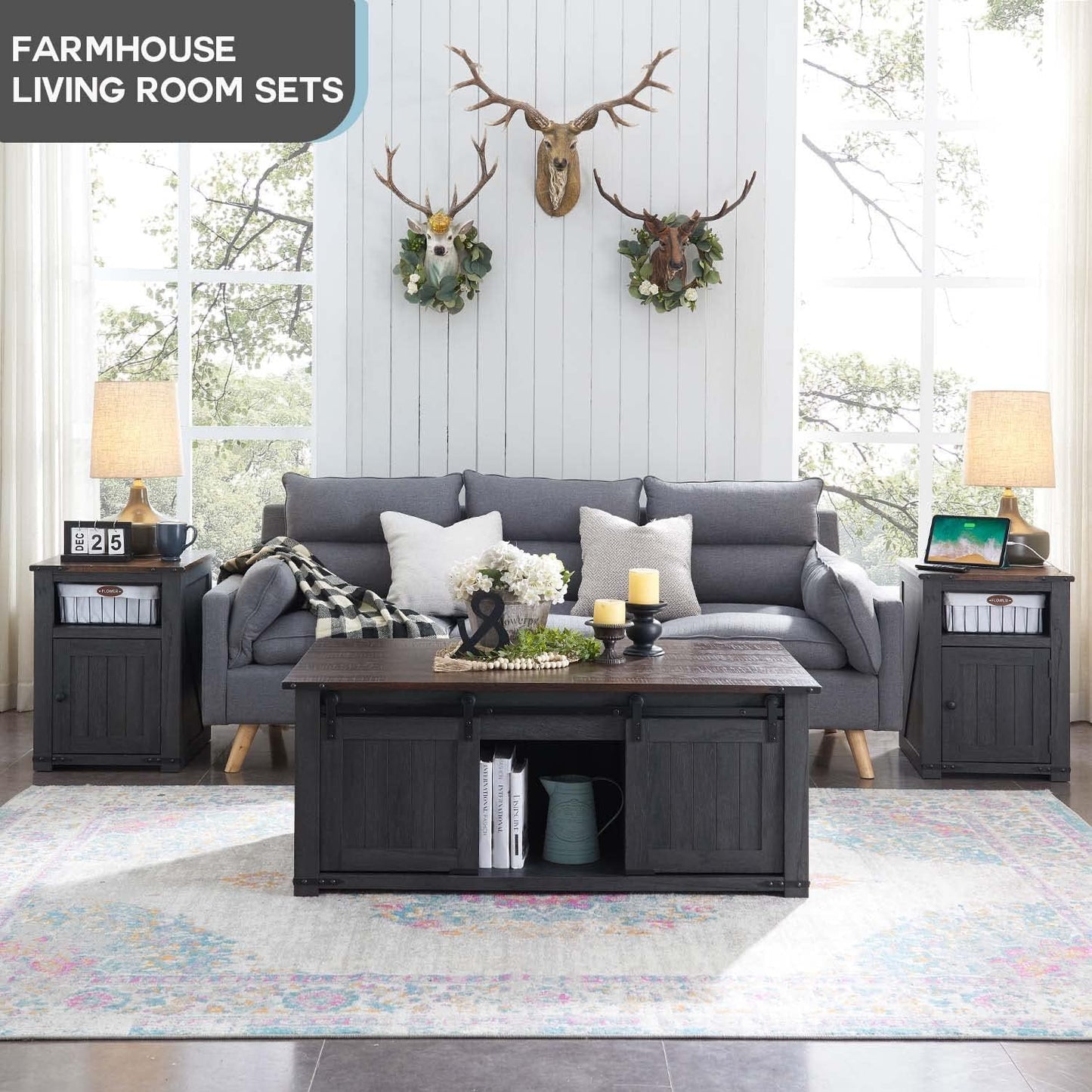 IFGET 48" Lift Top Coffee Table, Farmhouse Cocktai with Sliding Groove Barn Door, Rustic Wood Center Table w/Double Storage Spaces for Living Room, Dark Grey