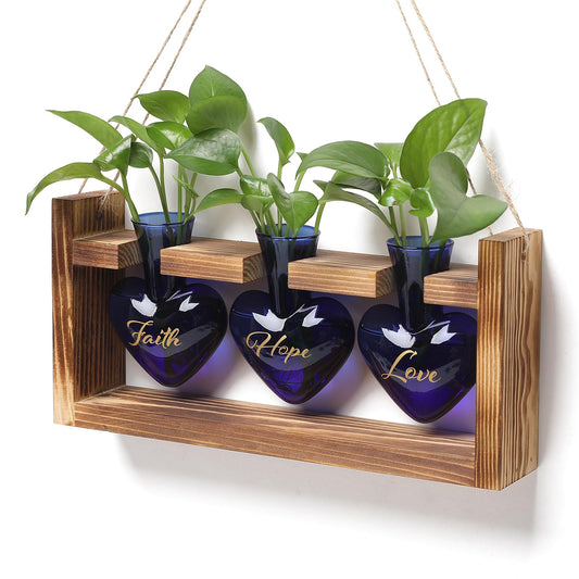 Plant Terrarium Propagation Stations Faith Hope Love Hydroponics Home Garden Decoration Gift for Women with Wooden Stand Heart Shaped Colored Glass Vase
