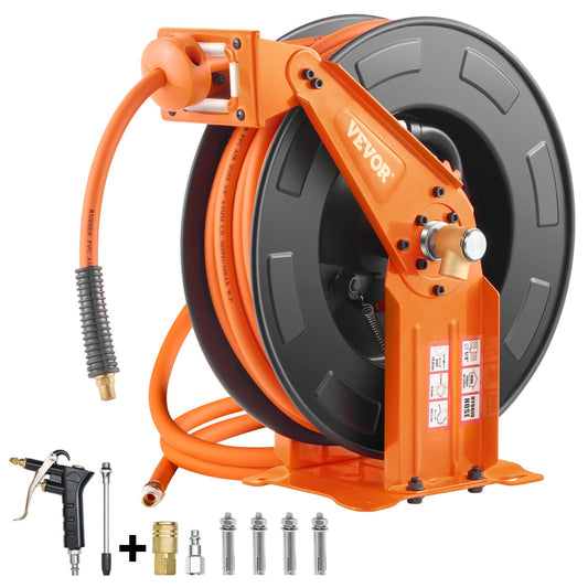VEVOR Retractable Air Hose Reel with Double Arms, 3/8 IN x 65FT Hybrid Air Hose Max 300PSI, Air Compressor Hose Reel with 5FT Lead in, Ceiling/Wall Mount Heavy Duty Steel Reel for Workshop Garage