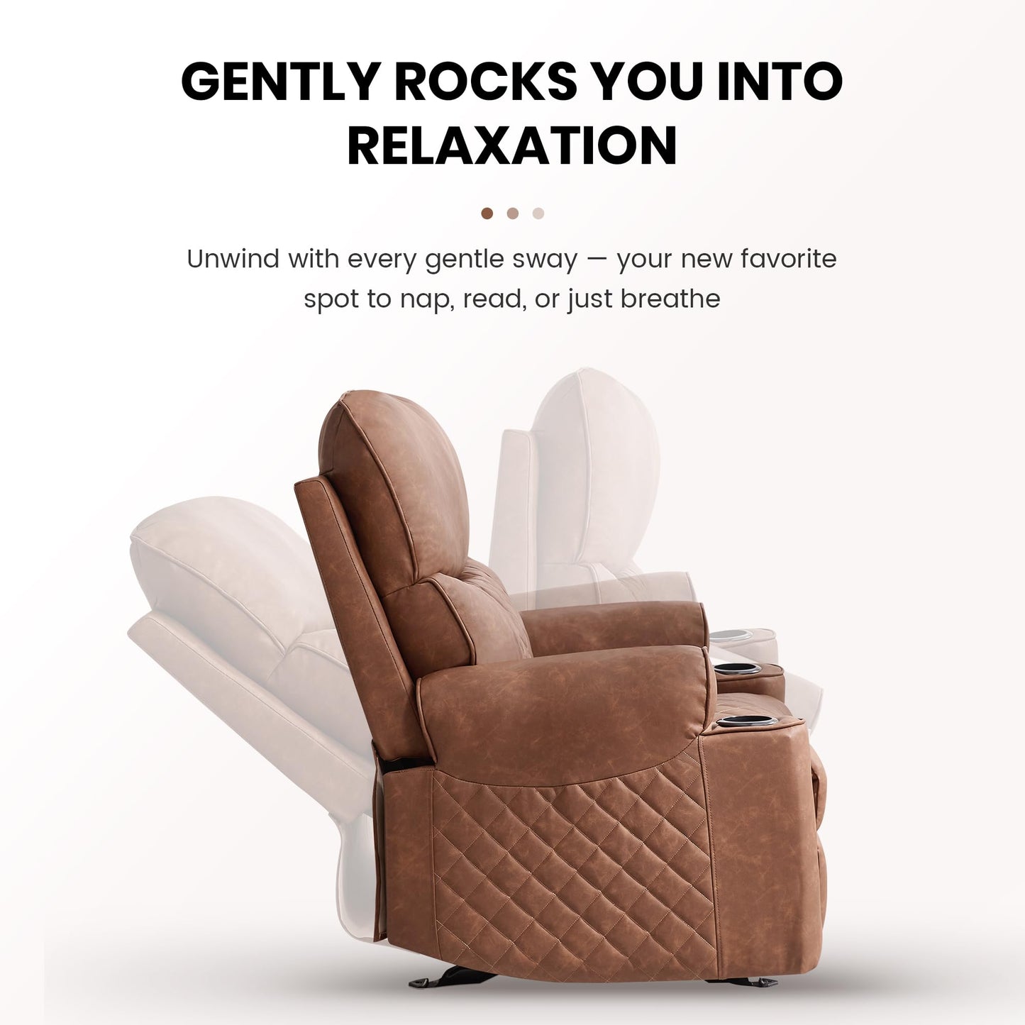 Leather Rocker Recliner with Cup Holder, Manual Reclining Chair for Living Room, Modern Home Theater Lounge Seating with Soft Padded Seat for Comfort (Faux Leather,Brown)