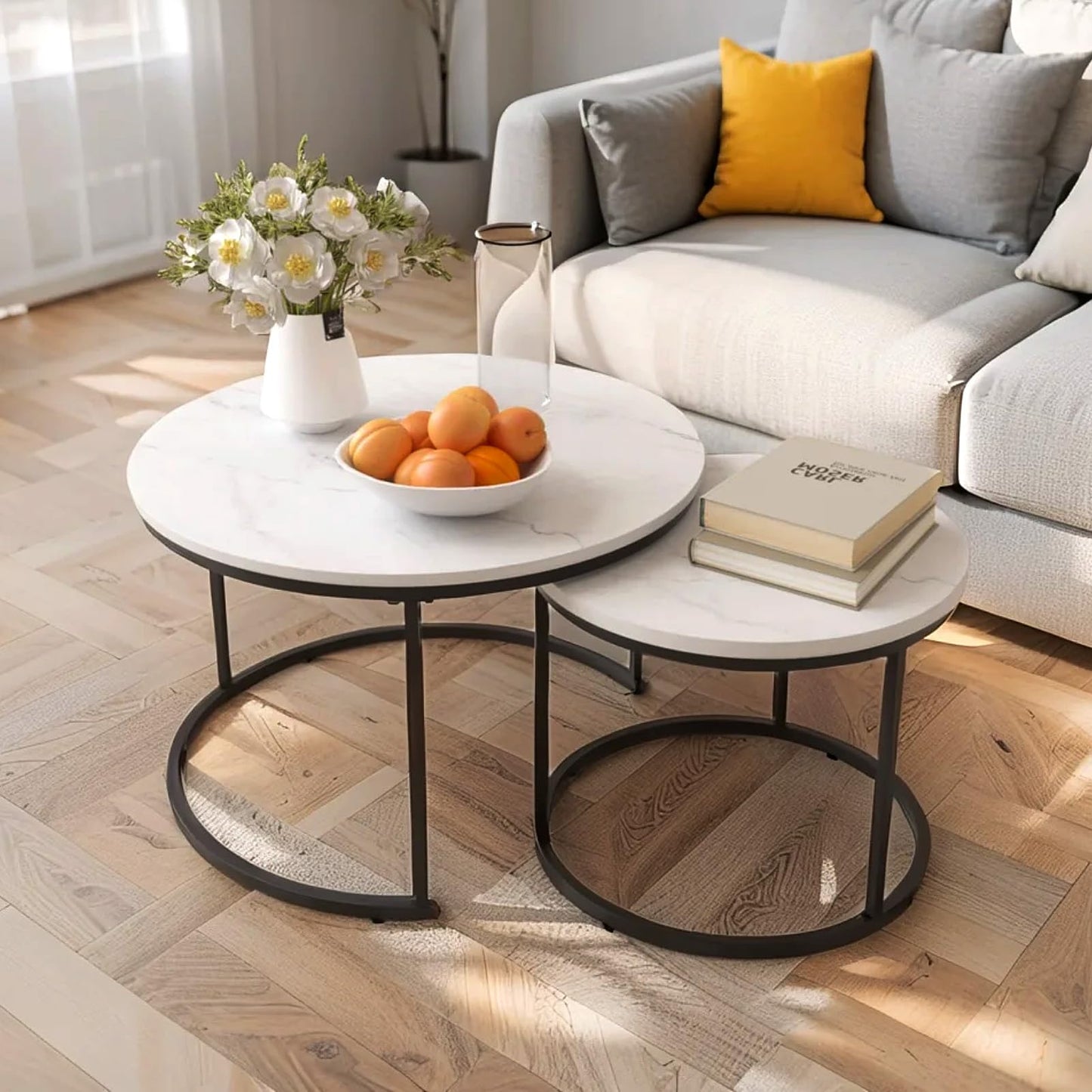 Nesting Coffee Table Set of 2 Marble Pattern with Sturdy Metal Frame Round Side Tables for Living Room and Bedroom (White)