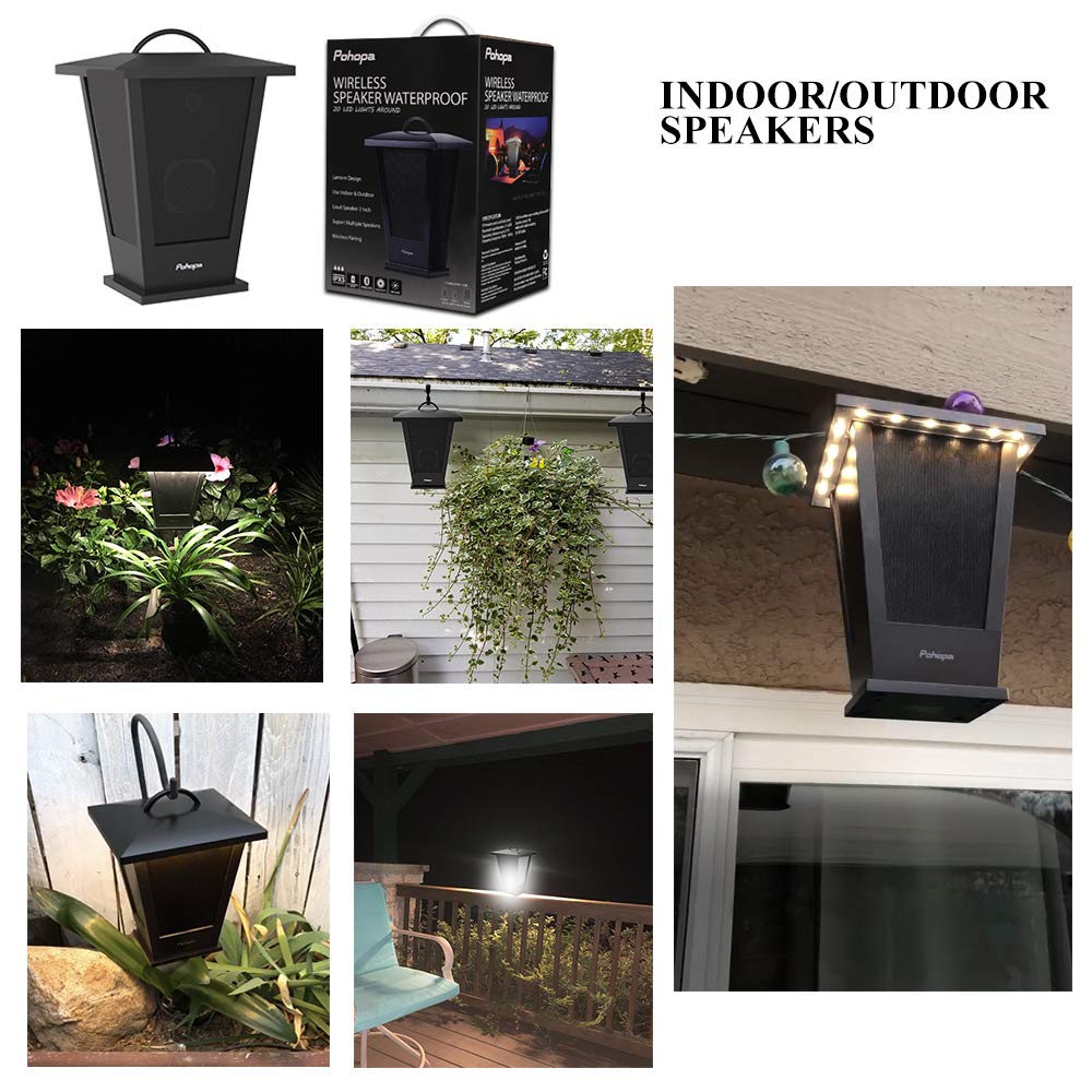 pohopa Bluetooth Speaker Waterproof, Portable Outdoor Wireless Speaker with LED Strip Lights Around, Support 2 or More Speakers 5.8Ghz Pairing Sync Shared Audio,Lantern Design Black