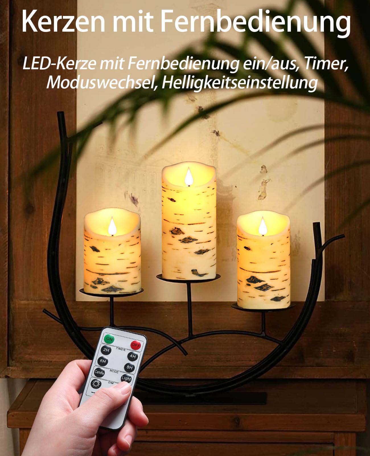 QQFCTOO Flameless Birch Bark Candles Flashing Battery Operated Candles LED Pillar Candles with Remote Control and Timer Set of 3