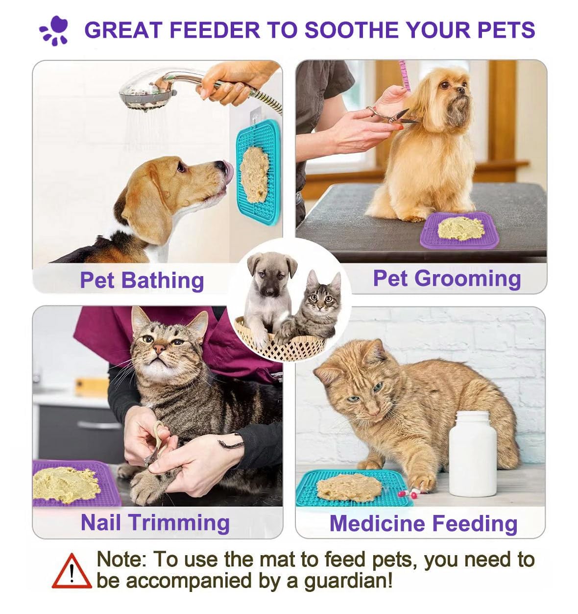 Lesipee Licking Mat for Dogs & Cats 2 Pack, Slow Feeder Lick Pat, Anxiety Relief Dog Toys Feeding Mat for Butter Yogurt Peanut, Pets Supplies Bathing Grooming Training Calming Mat (Cyan&Purple)