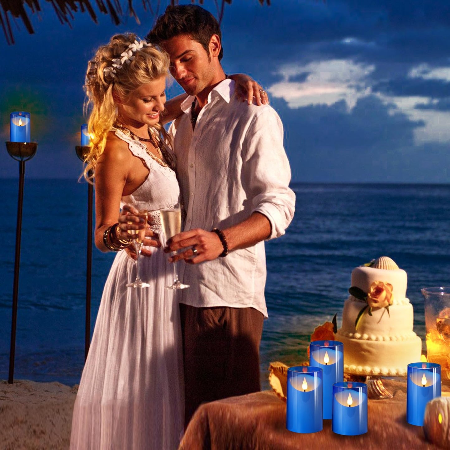 NURADA Flameless Candles: LED Pillar Acrylic Battery Candles with Remote and Timer for Wedding Party Romantic Decor - Pack of 3 Blue