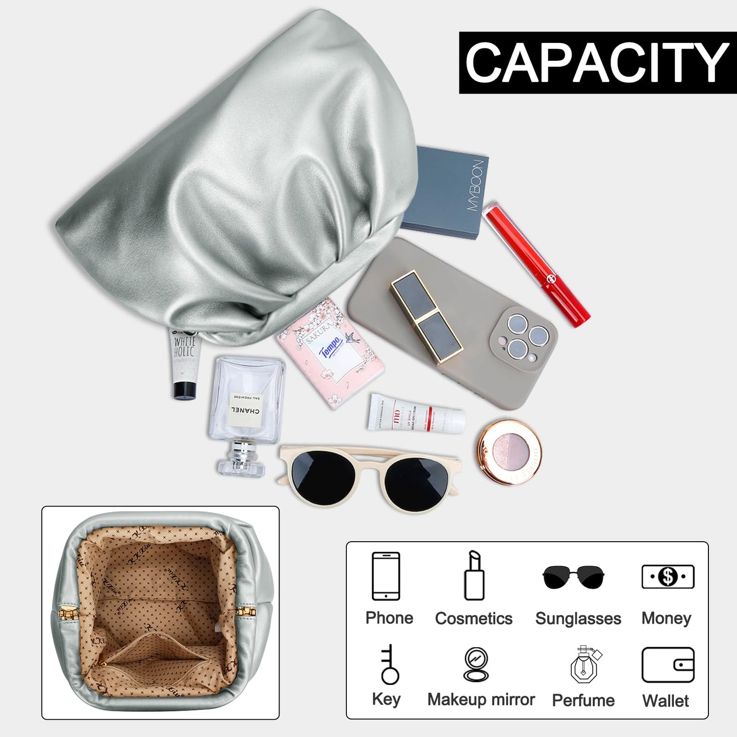 KKXIU Pleated Evening Handbag for Women Formal Clutch Purse with Removable Chain Strap Soft Wedding and Prom Bag Elegant Crossbody Clutch (Silver)