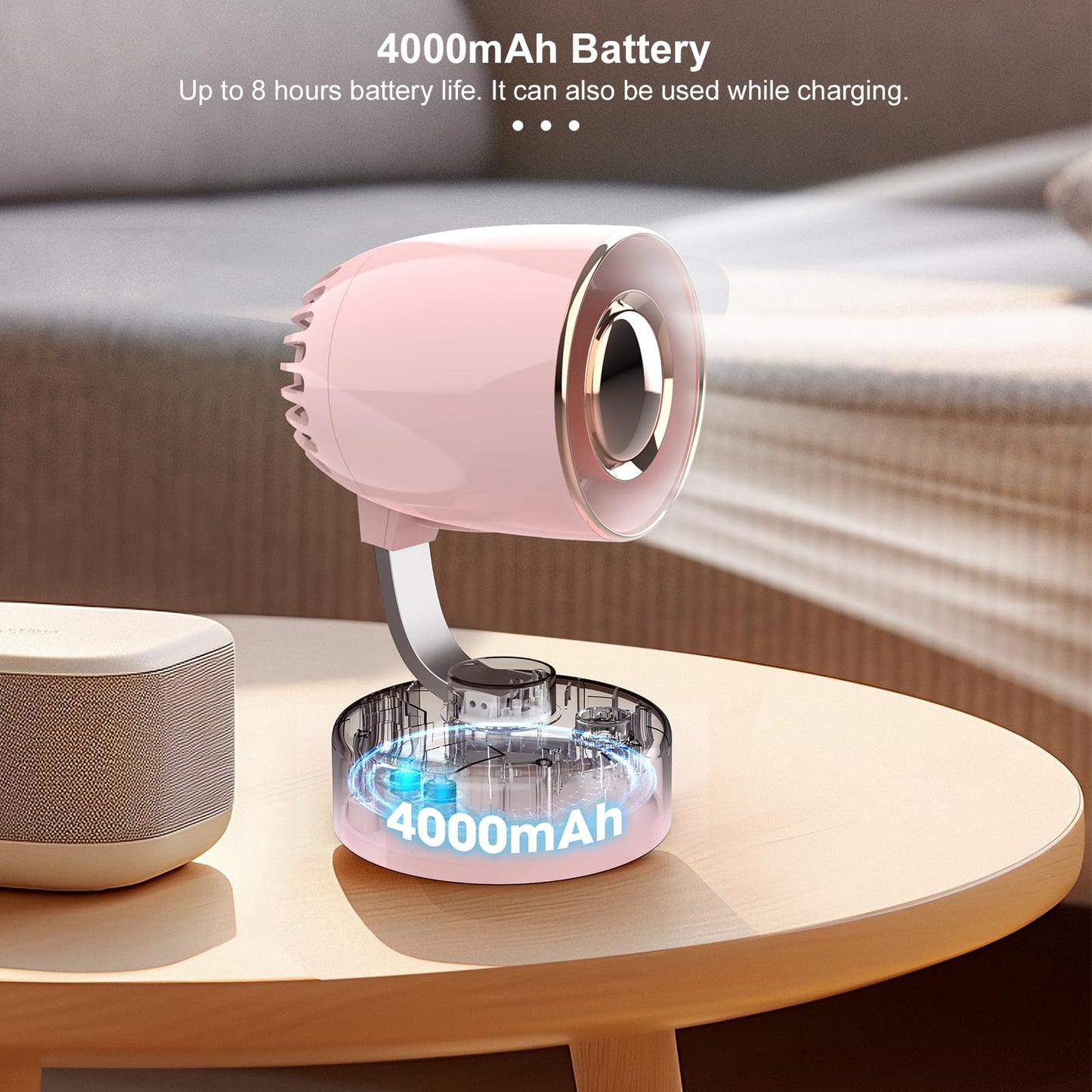 Mr. Young Quiet Portable Desk Fan - 4-Speed Adjustable 150° Oscillating USB-C Rechargeable Small Mini Fan with 10+ Hours Battery Life Perfect Table Fan for Home/Office/Dorm (Pink)