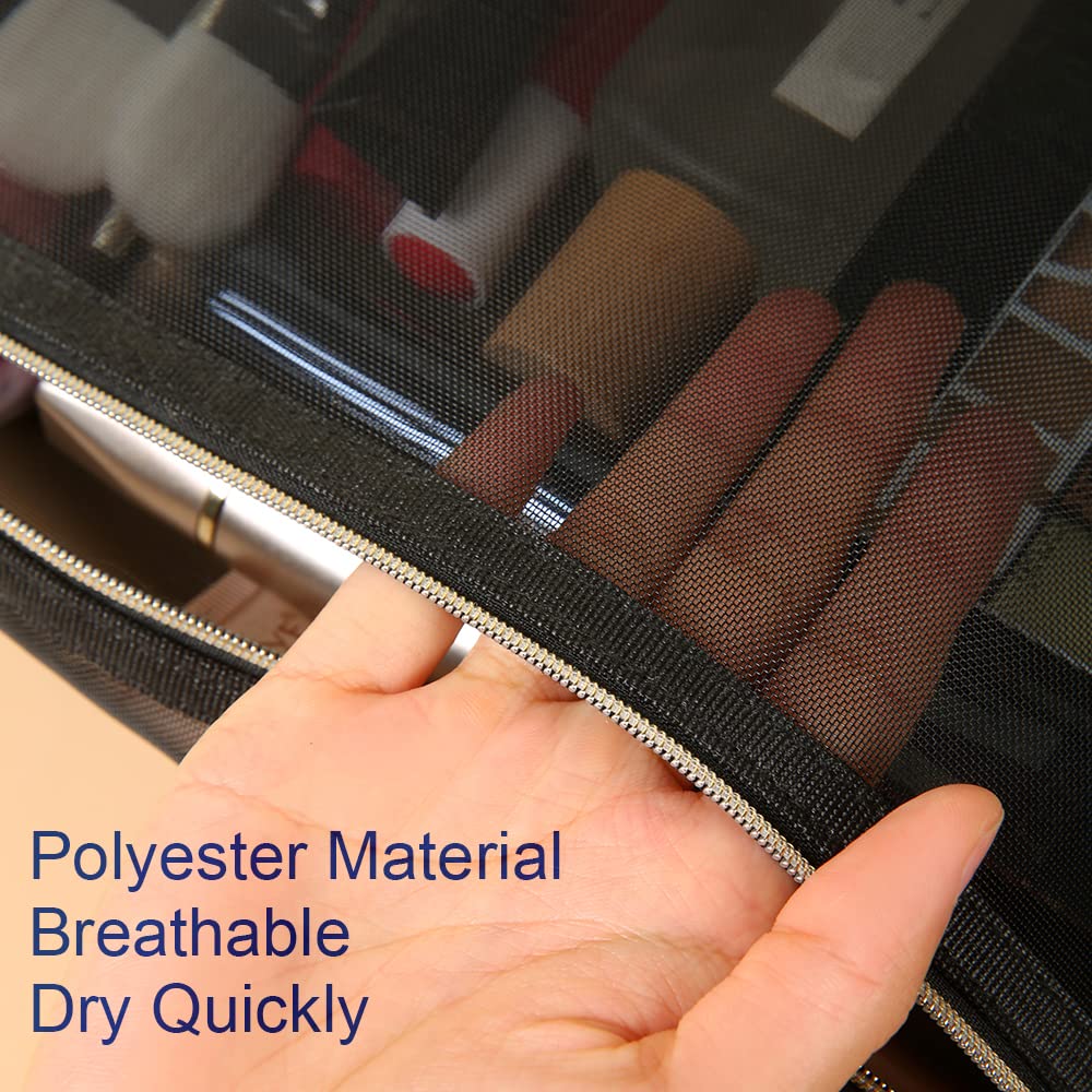 Mesh Cosmetic Bags with Zipper and Handle, Breathable Organization Pouch Pocket for Travel Purse Makeup Toiletry Office Home to Storage Items, 3pcs Black Assorted Sizes 9x8 8x6 6x4 inch