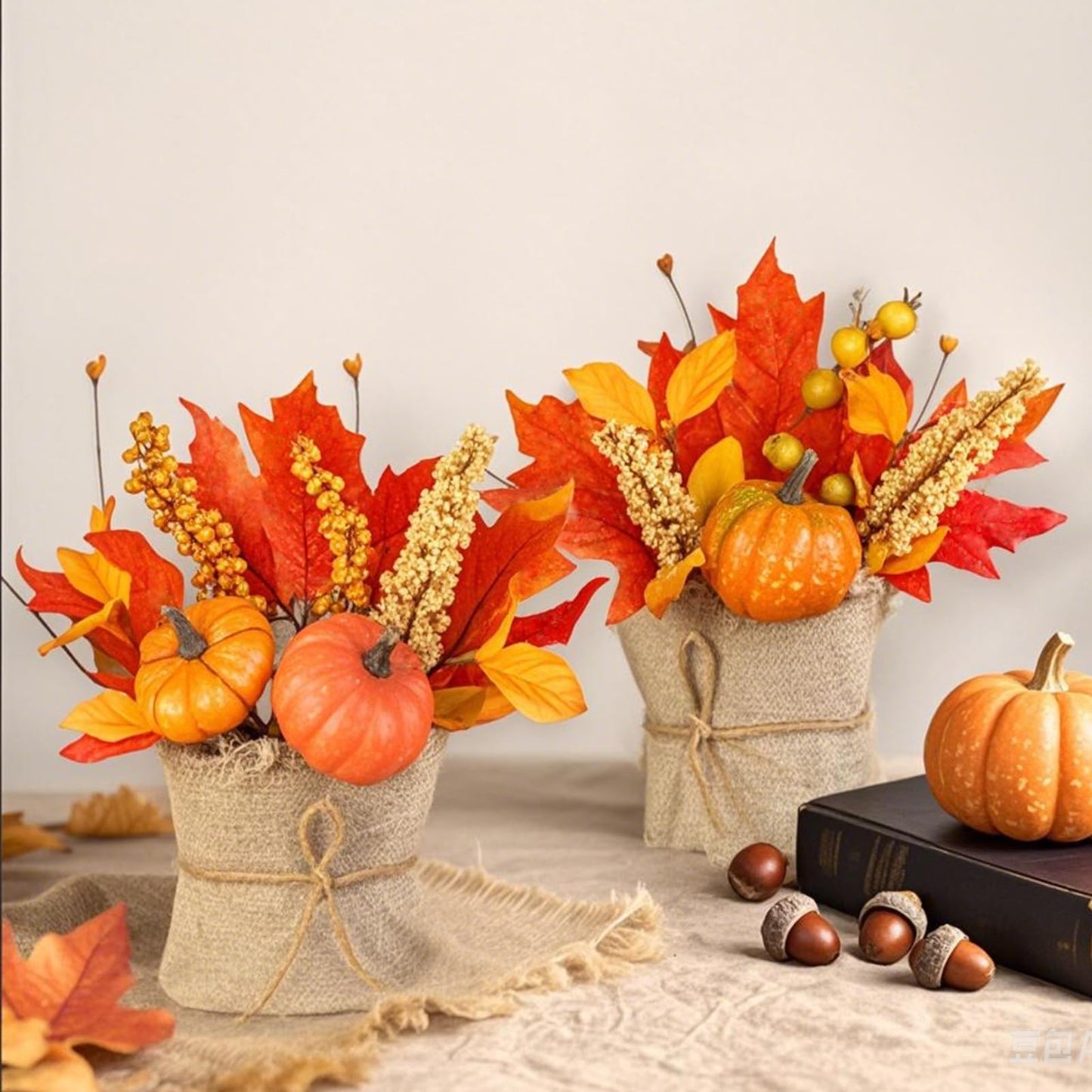 [ 2 Styles ] 2 Pack Fall Decor 10 Inch Tabletop Fall Tree, Maple Tree with Pumpkins Maple Leafed Berried Wheat Burlap Base Thanksgiving Fall Decorations for Home Table Centerpieces Halloween Decor