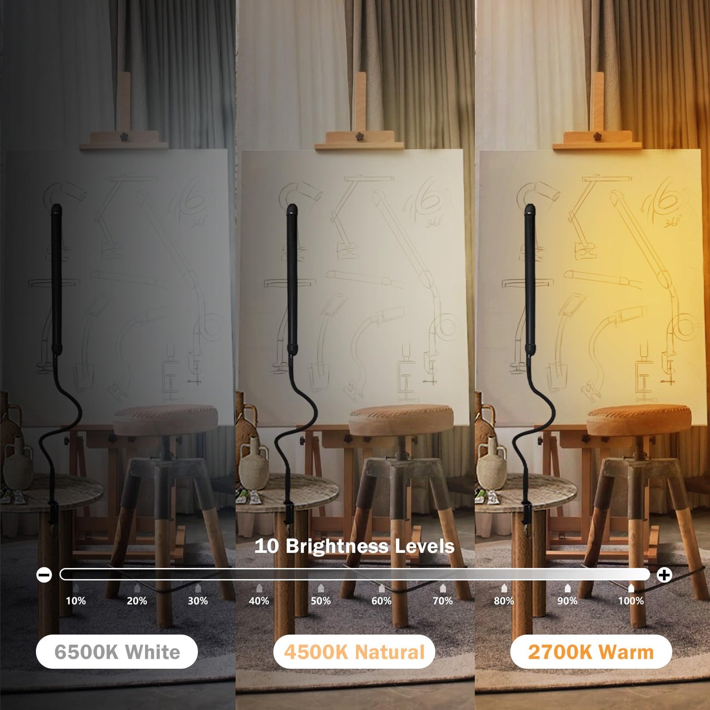 Phimuezl LED Desk Lamp with Clamp, Clamp Light with 30 Adjustable Color Modes, Clip on Light with Long Flexible Gooseneck, Eye Care Lamp Clamp for Study, Work, Home, Office, Black, 12W