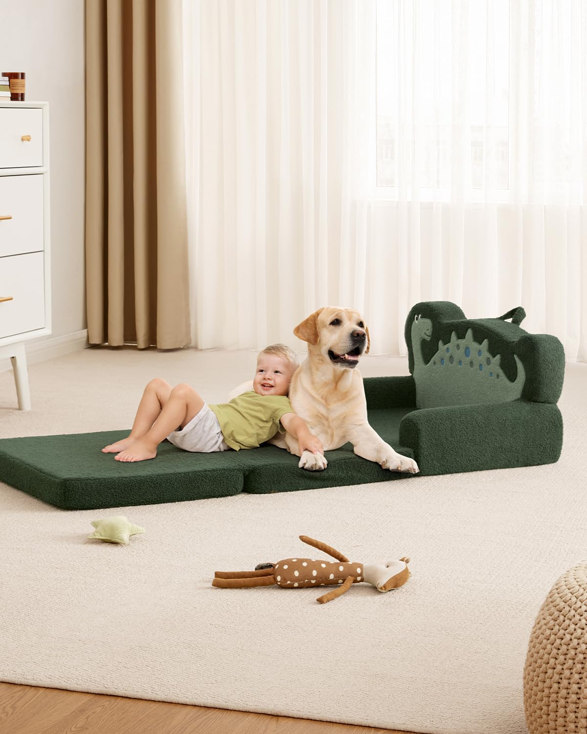 Blissful Diary Kids Couch, 2-in-1 Soft Toddler Couch Fold Out, Toddler Chair Comfy, Convertible Sofa to Lounger, Kids Furniture for Playroom, Gift for Birthday, Children's Day, Green Dinosaur