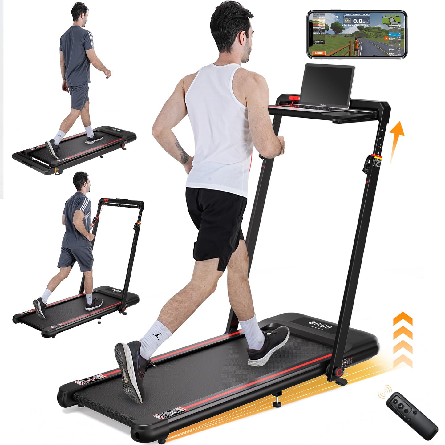 HiFast Walking Pad Treadmill, 3.0HP Under Desk Treadmills with Handle Bar and Incline, 300lbs Capacity with Removable Desk Workstation, Foldable Treadmill with Remote Control, APP for Home Office