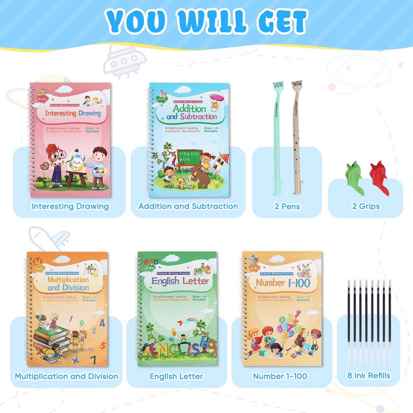 Magical Handwriting Workbooks Handwriting Practice Copybook, Handwriting Aid Magic Pen Reusable Copybook Grooves Template Design for Children Books Suitable for Children's Learning (5)