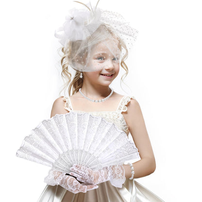 Girls Tea Party Hat Set - 2025 Kentucky Attire Set for 1920s 50s Costume Party, Black Fascinator Church Top Pillbox Derby Hats with Pearl Necklace Earring Hand Fan and Lace Gloves Kit