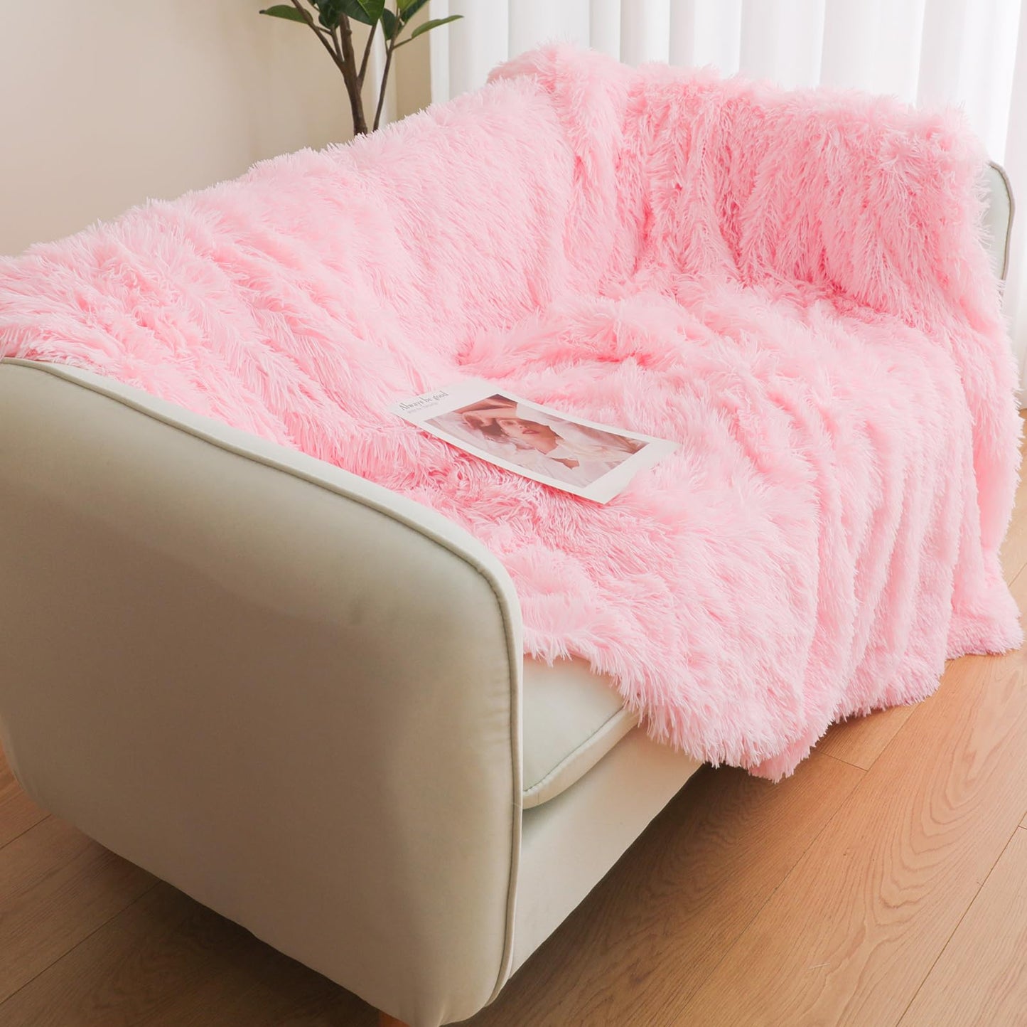 Pink Faux Fur Throw Blanket, 50" x 60" Fluffy Shaggy Plush Decorative Couch Blanket, Cute Furry Throw for Kids, Women, Men, Teen Girls