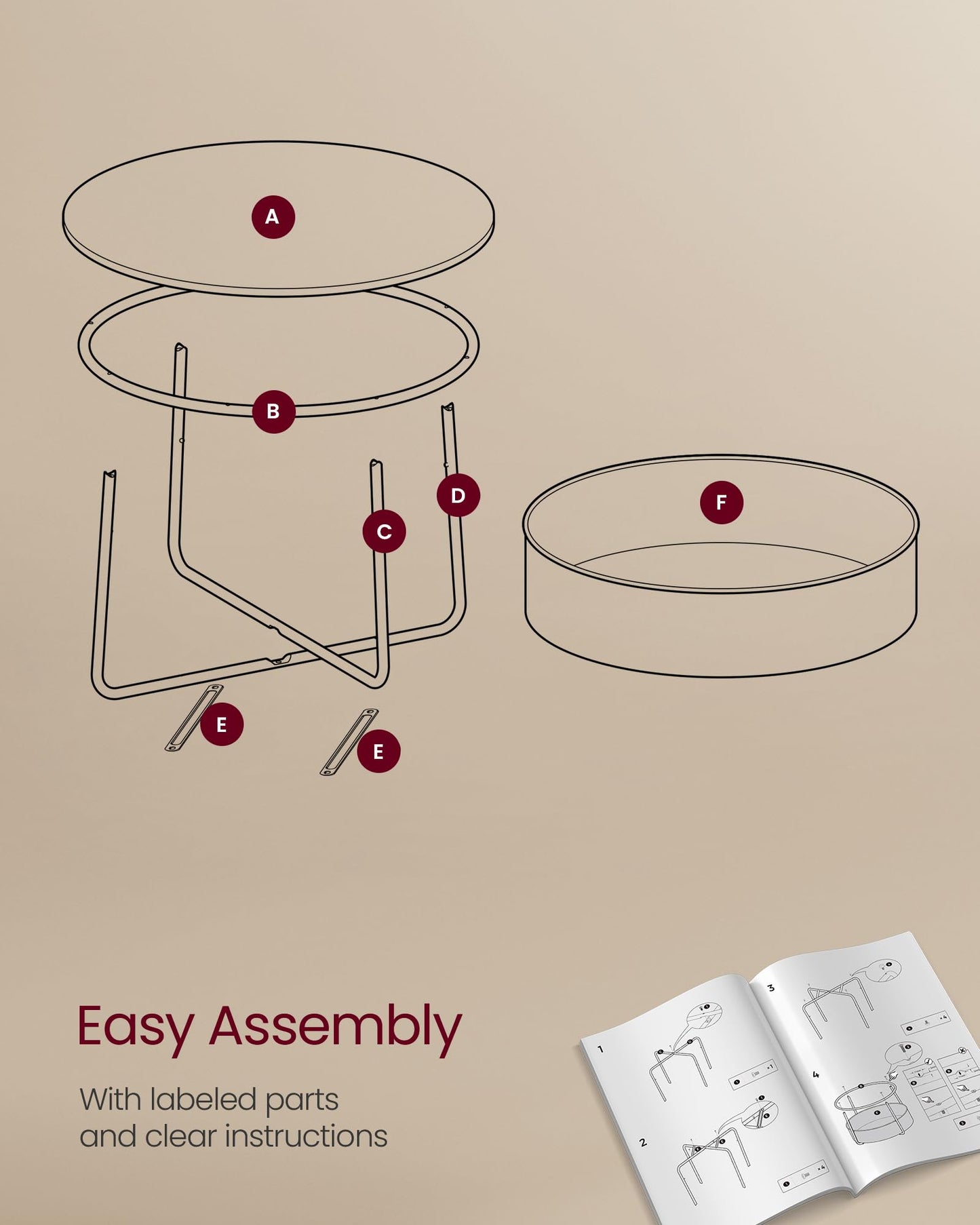 VASAGLE Coffee Table with Storage, Round Center Table for Living Room with Fabric Basket, Modern Style, Metal Frame, Matte White and Camel Brown ULCT244W10