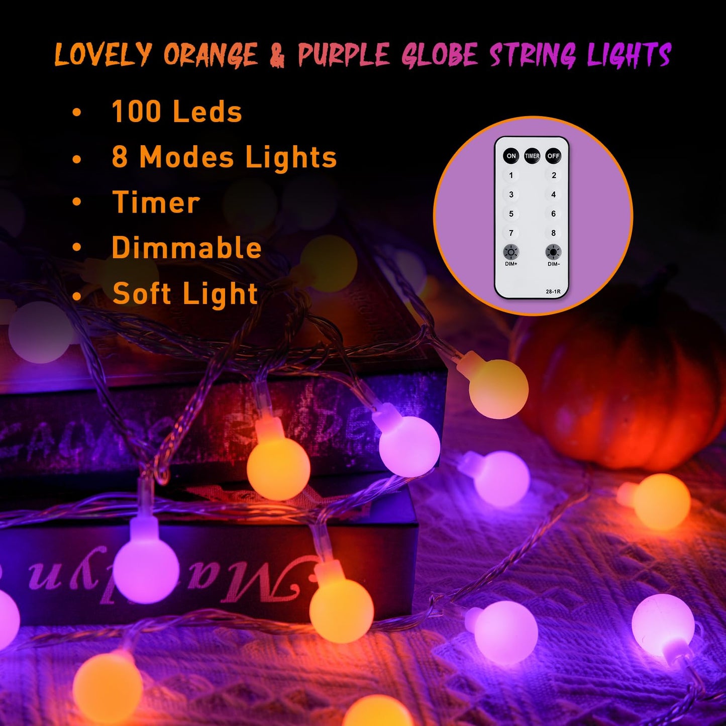 JMEXSUSS 100 LED Orange and Purple String Lights Indoor, Connectable Globe String Lights Plug in with Remote, 33ft 8 Modes Christmas Fairy Lights Outdoor for Bedroom Room Party Carnival Decorations