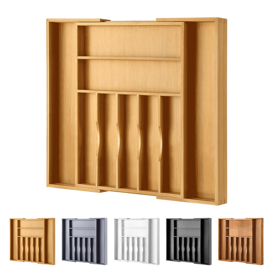 oridom Large Premium Bamboo Silverware Organizer - Expandable Drawer Organizer & Utensil Organizer - 17"x19.7" Cutlery Tray with Dividers for Kitchen Utensils and Flatware (7-9 Slots) (Natural)