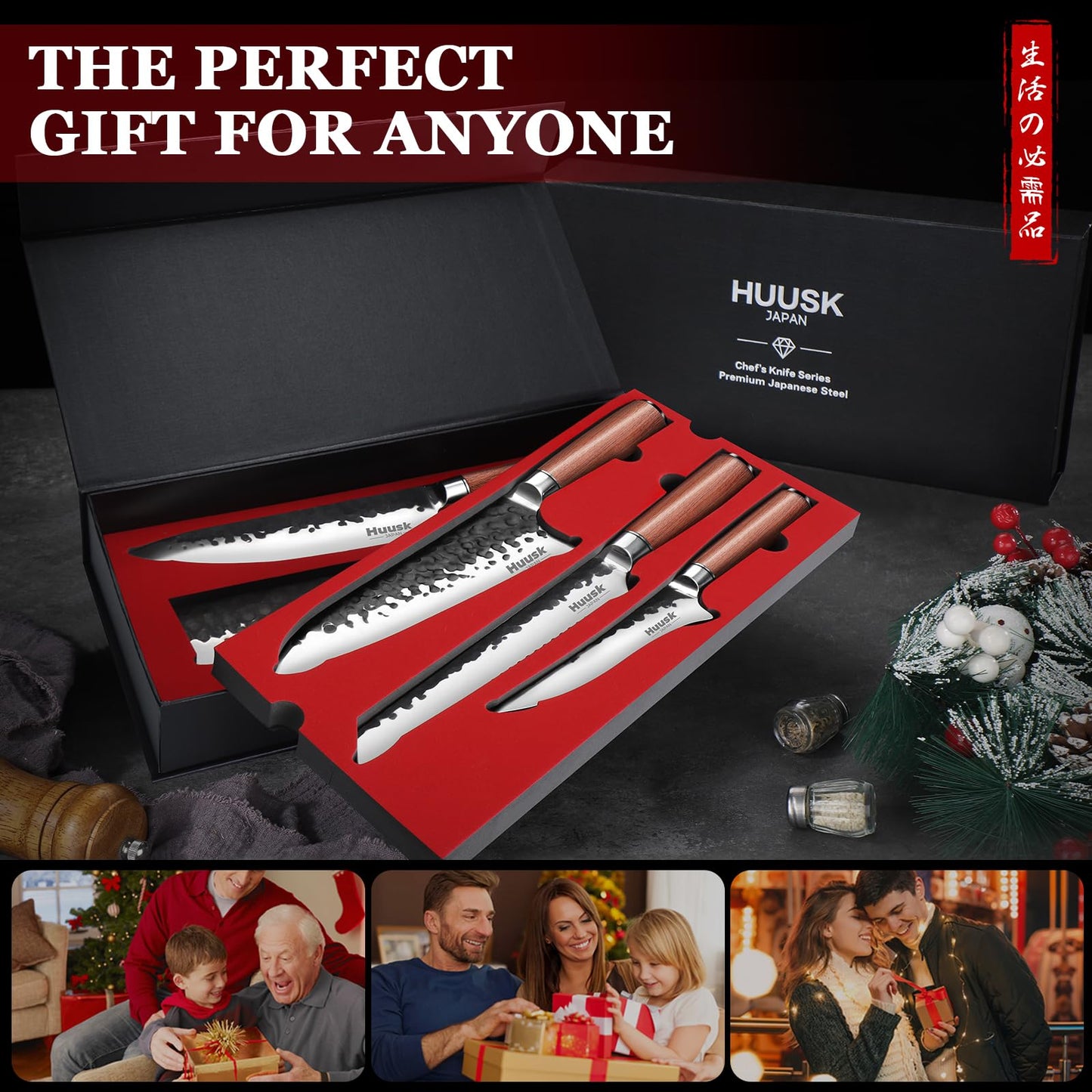 Huusk Japanese Chef Knife Set 6 pcs, Kitchen Knives with Hand-forged High Carbon Steel Blade, Sharp Cooking Knife Set with Ergonomic Wood Handle, Professional Kitchen Knife Set with Gift Box for Men