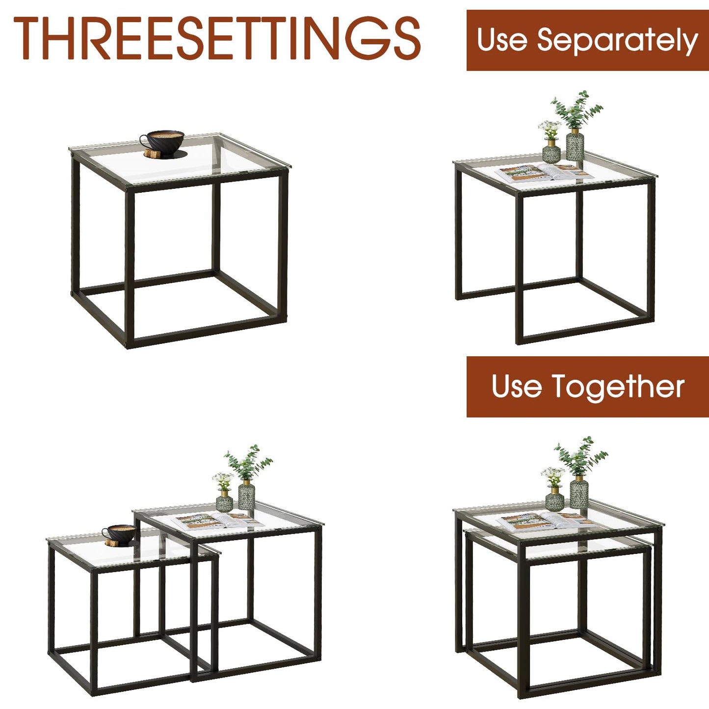 VILAWLENCE Coffee Table Set of 2, Modern Black Glass Side Table, Metal Frame Square End Table, Center Tables,Nesting Coffee Table for Living Room,Bedroom and Small Spaces