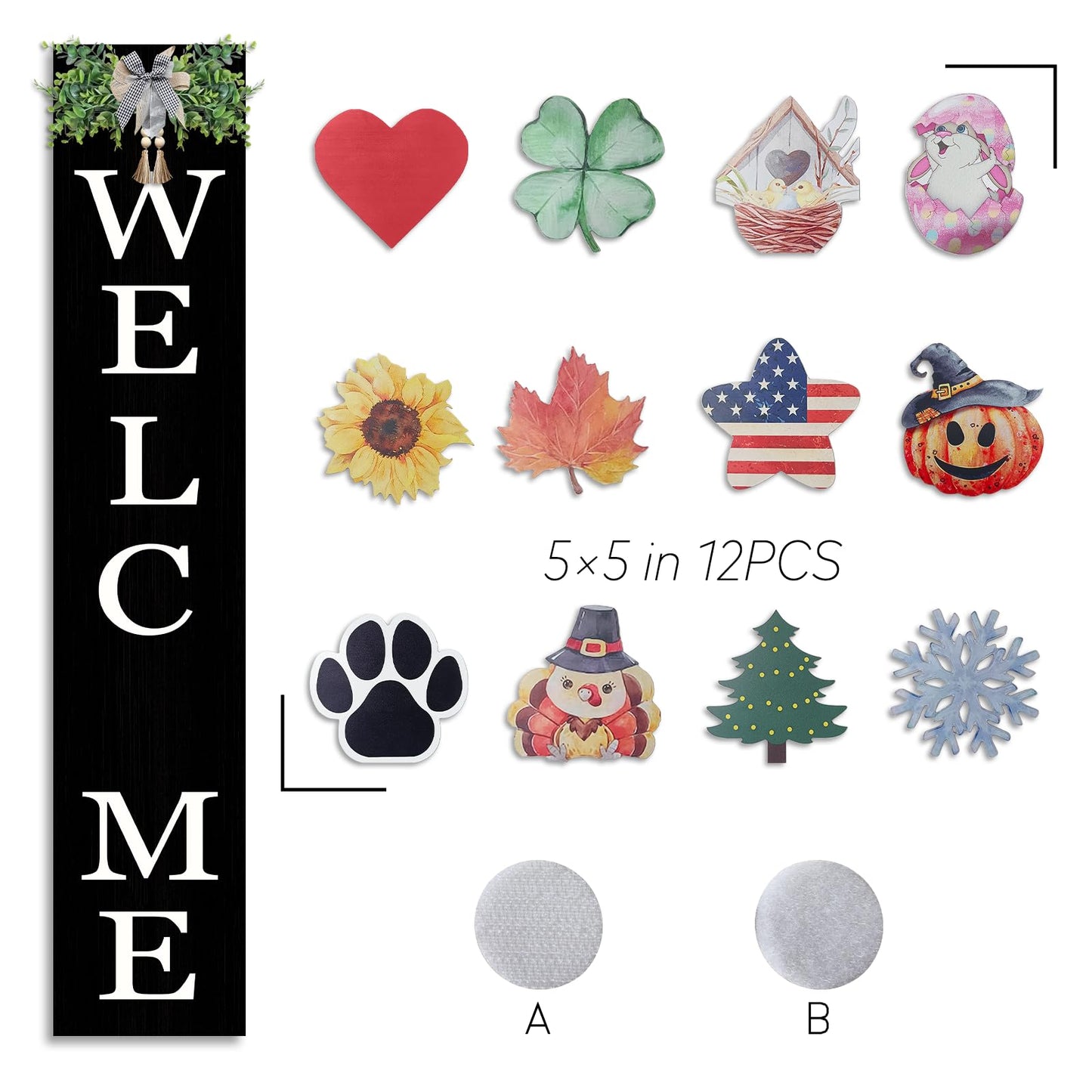 Interchangeable Welcome Sign for Front Porch Standing 47"X8" Outdoor Large Wood Frame with 12 Pcs Designed Icons Leaner Vertical Tall Outside Welcome Sign for Front Door Decor (Black)