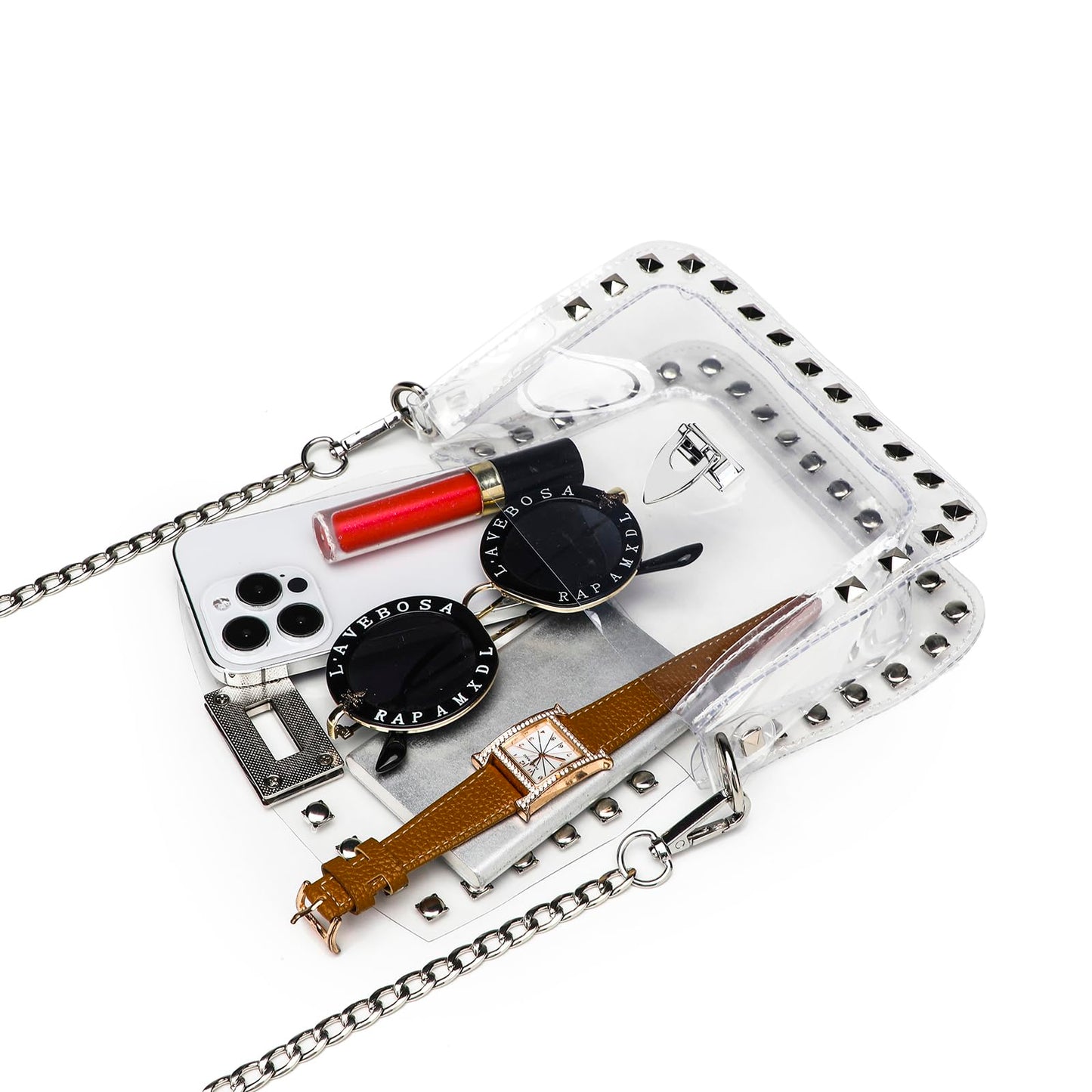 SharPlus Clear Crossbody Purse Bag for Women Stadium Approved with Silver Studded Rivet, Clear PVC Clutch Handbag for Concert & Game Day
