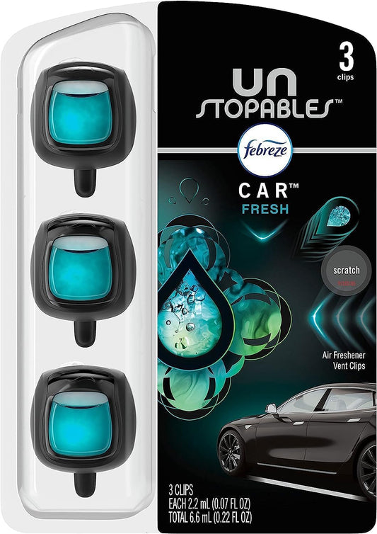 Febreze Unstopables Car Odor-Fighting Car Freshener Vent Clip Fresh Scent, .07 oz. Car Vent Clip, Pack of 4 (Packaging may vary)
