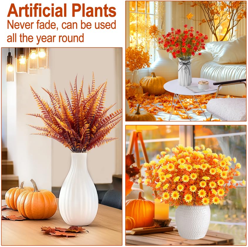 TURNMEON 20 Bundles Artificial Fall Flowers Fall Decorations for Home-UV Resistant Fake Mums Artificial Flowers for Outdoors Faux Plant Plastic Flowers Gardens Porch Autumn Thanksgiving Fall Decor