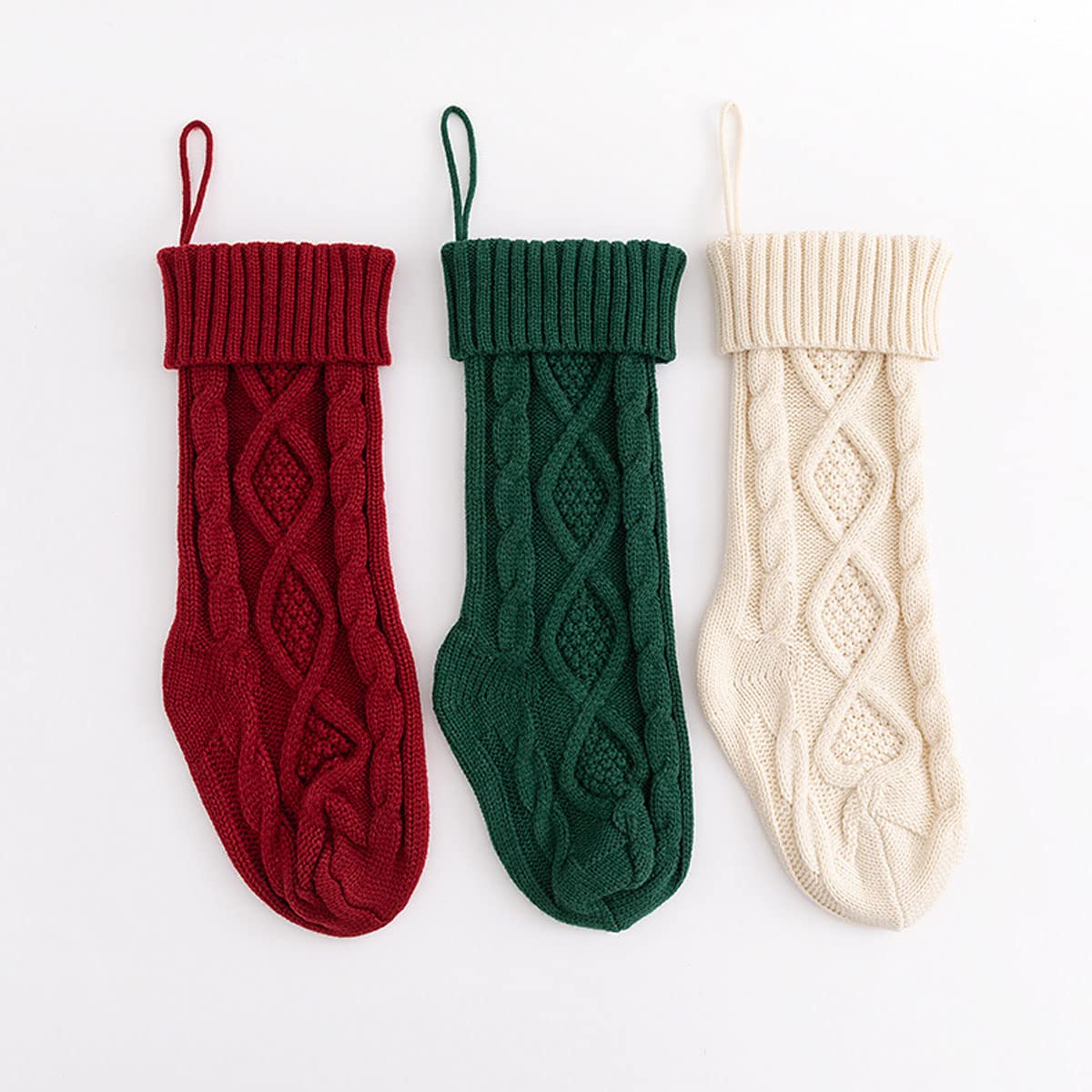 Spencer 18 Inches Knit Christmas Stocking Large Size Knitted Xmas Stocking Gifts Cable Knitted Stockings Fireplace Hanging Stockings for Family Holiday Xmas Party Decorations (Green/Burgundy/White)