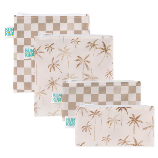 Bumkins -Cloth Snack & Sandwich Bags -For Storage, Travel, Food Prep, Lunch -Reusable, Water Resistant, Washable, Dishwasher Safe -Snack Bags for Kids -Zipper Closure -Beige Check & Palm Trees -4 Pack
