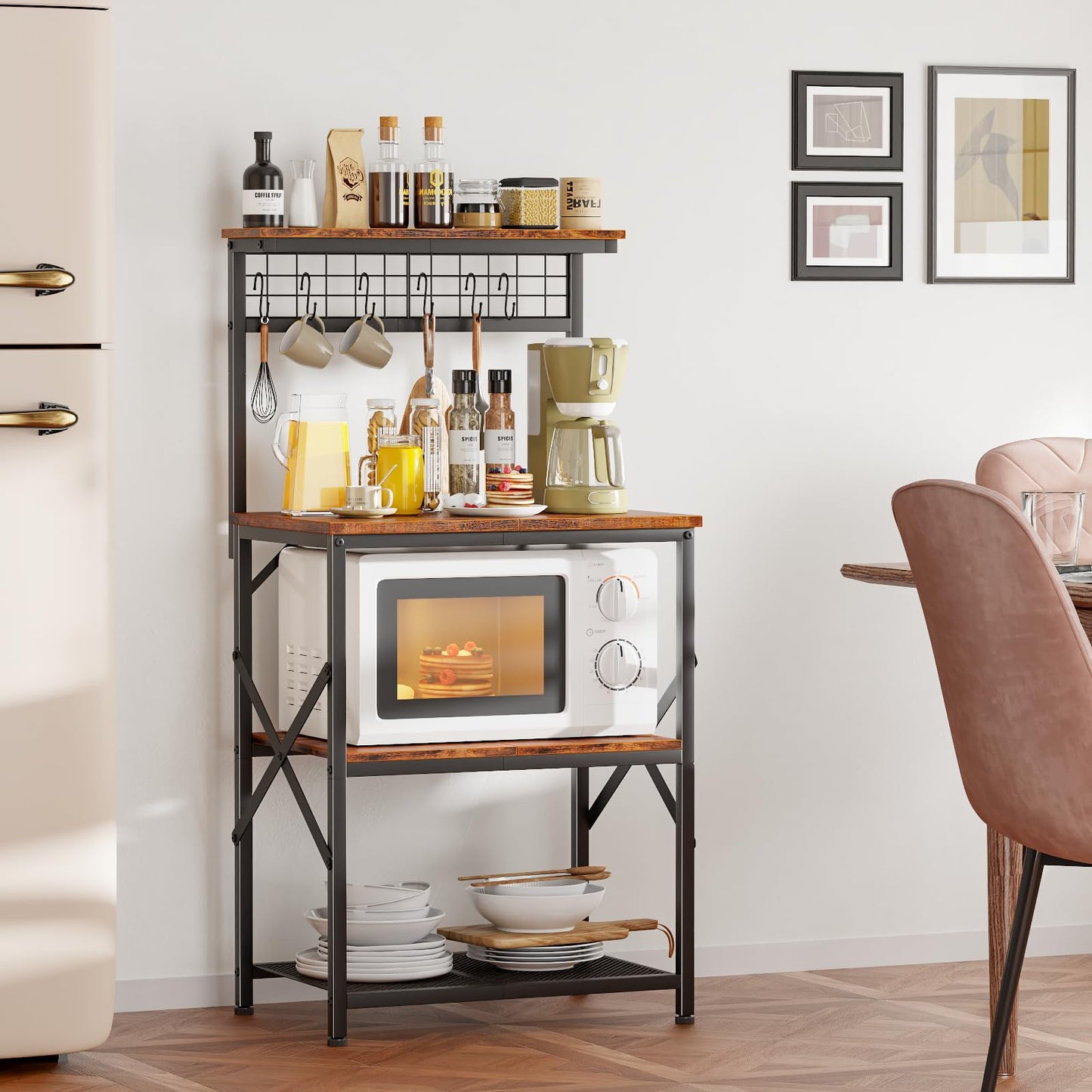 Furologee Kitchen Bakers Rack with Hutch, Coffee Bar Station 4 Tiers, Microwave Oven Stand with 6 S Hooks and Pegboard, Kitchen Microwave Rack for Spice Organizer Workstation, Rustic Brown