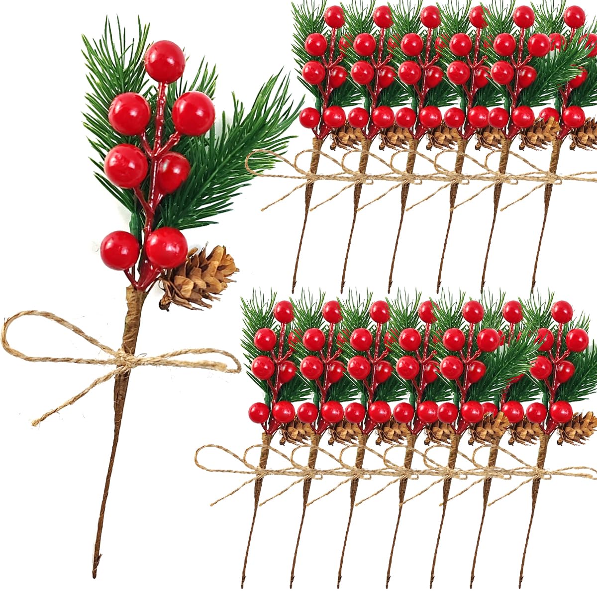 TIHOOD 20PCS 8inch Pine Cone Red Berry Picks Stems Crafts Branch Christmas Wreath, Holly Artificial Evergreen Branches Tiny Pine Cones Picks Décor Floral Picks for Christmas Flower Wreaths DIY