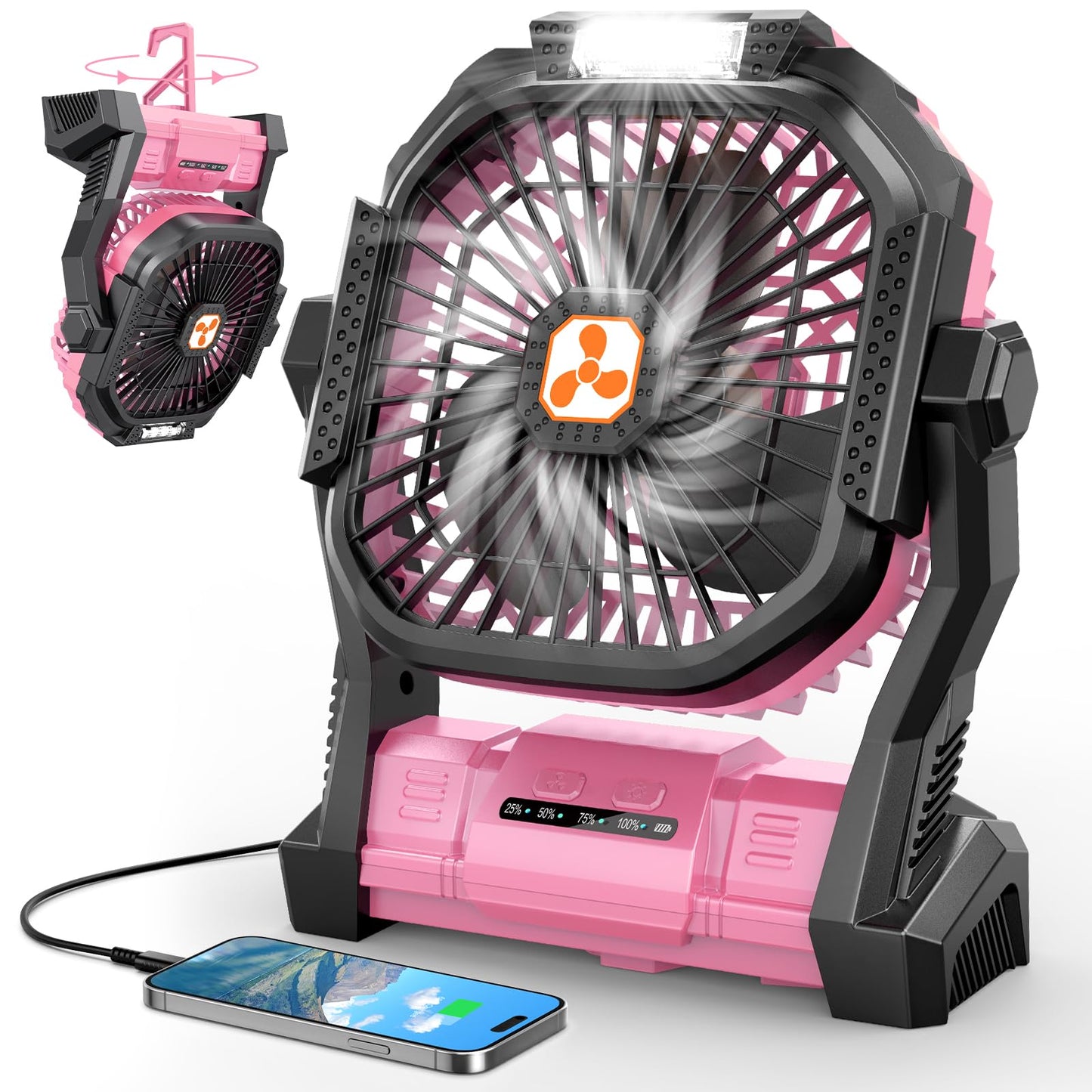 Portable Rechargeable Fan, 20000mAh Cordless Battery Powered Camping Tent Fans with LED Lantern, Small USB C Operated Outdoor Ventilador for Travel Camp Fishing Picnic Beach Office Home Essentials