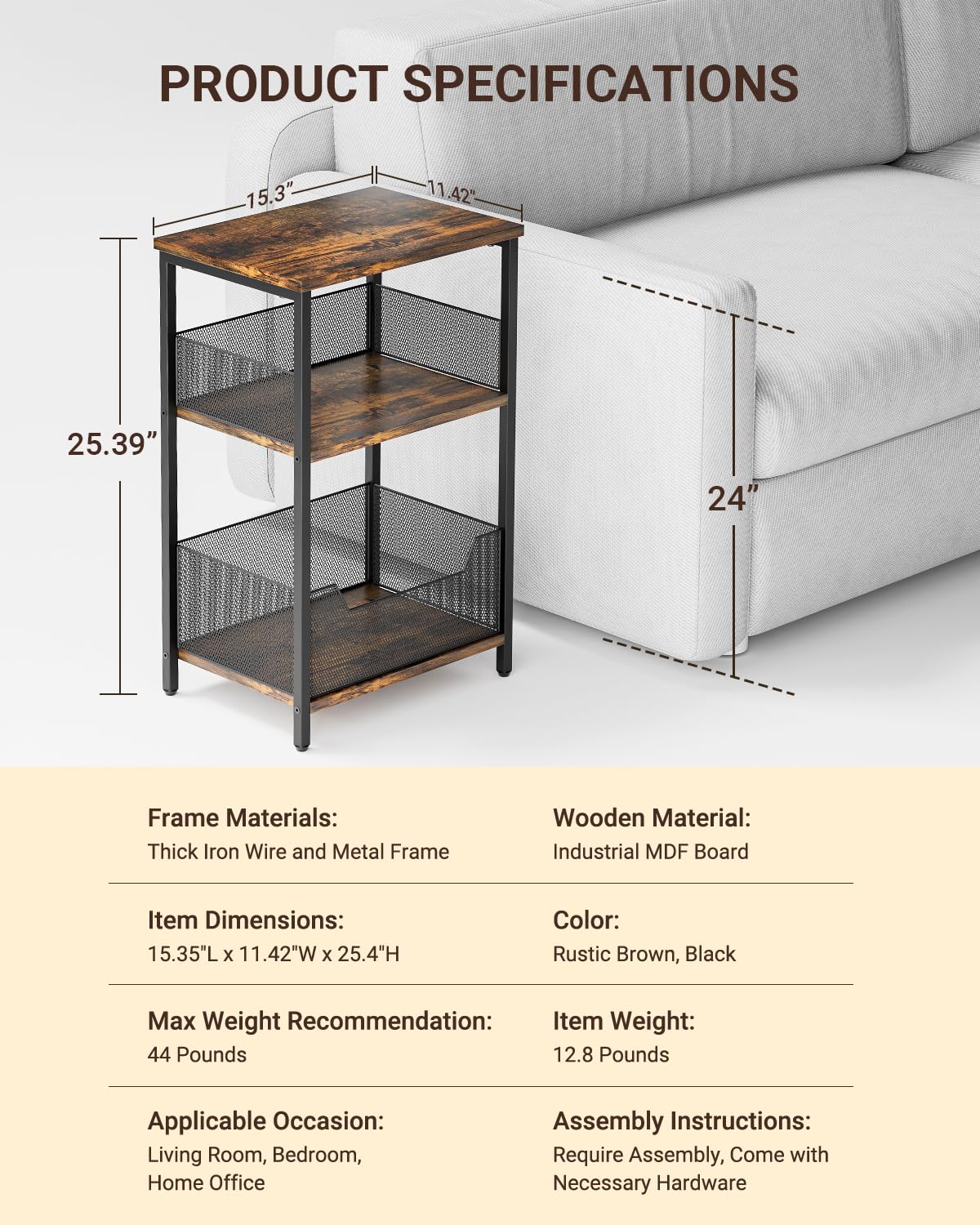 Dunatou End Table, Small Side Table Industrial Retro 3-Tier Sofa Table with Storage Shelf for Small Spaces, Living Room, Bedroom, Kitchen, Office