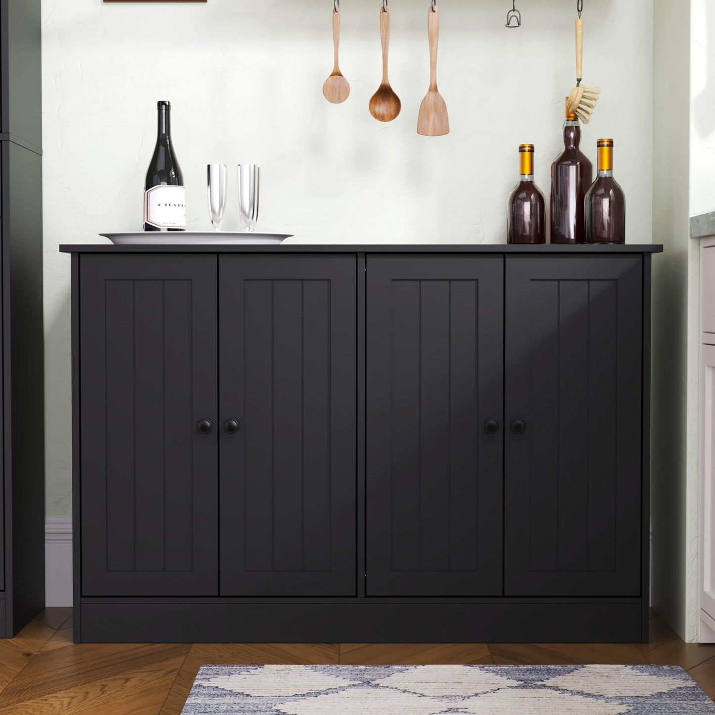 Furnify Sideboard Buffet Cabinet with Storage, 47" W Kitchen Storage Cabinet with 4 Doors, Modern Farmhouse Coffee Bar Station Wood Kitchen Table for Living Room Dining Room, Black