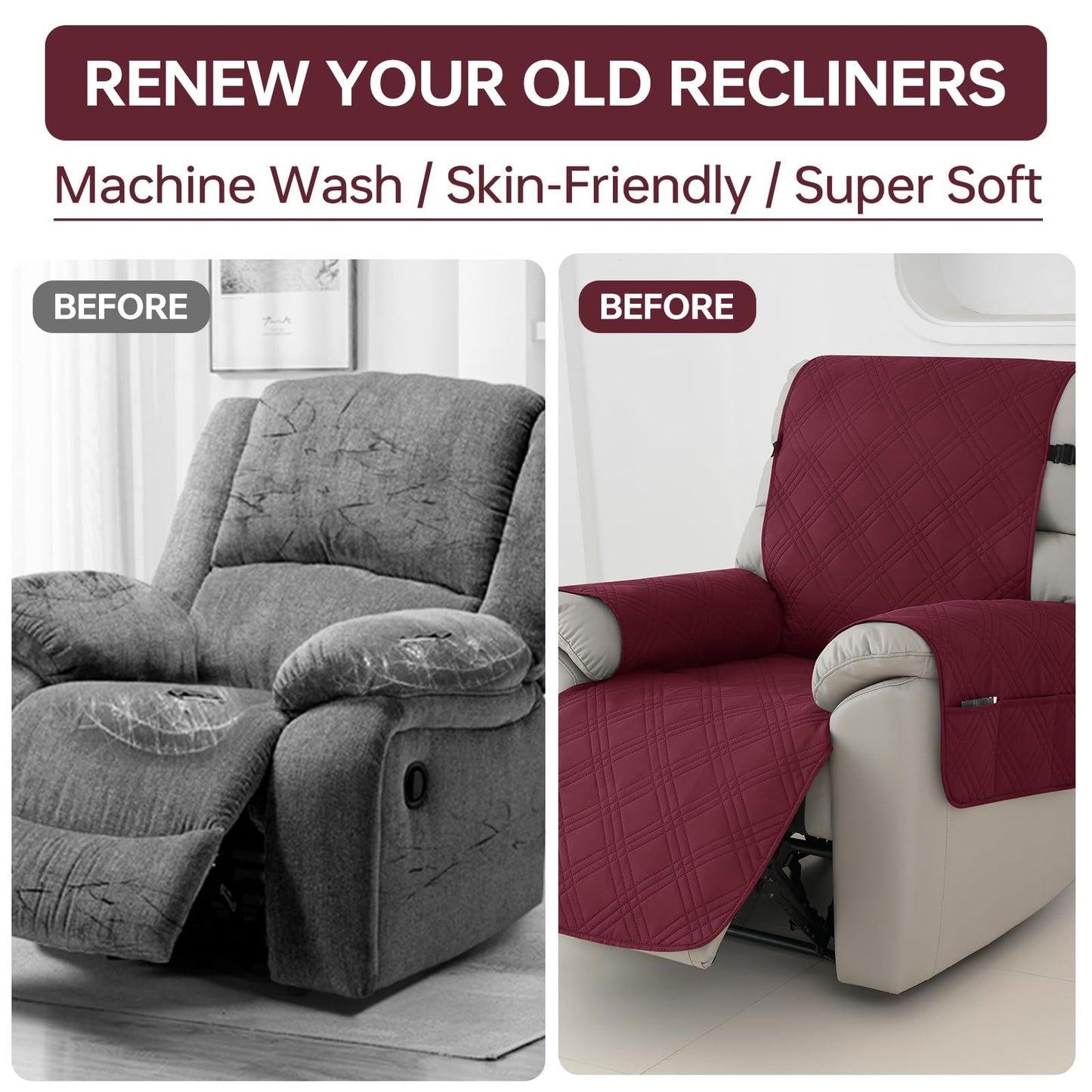 Deisy Dee Waterproof Recliner Chair Covers with Storage Pocket - Extend Sofa Life, Comfortable & Washable, Available in 10 Colors (Burgandy, 24.8 ")