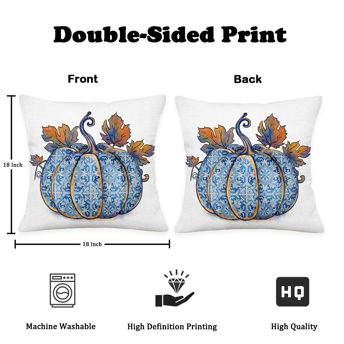 Puacino Fall Pumpjin Pillow Covers 18x18 Inch Set of 2, Blue Porcelain Pumpkin Decorative Pillow Cases for Couch Sofa, Autumn Harvest Farmhouse Decor Cushion Cover for Thanksgiving Home Decoration