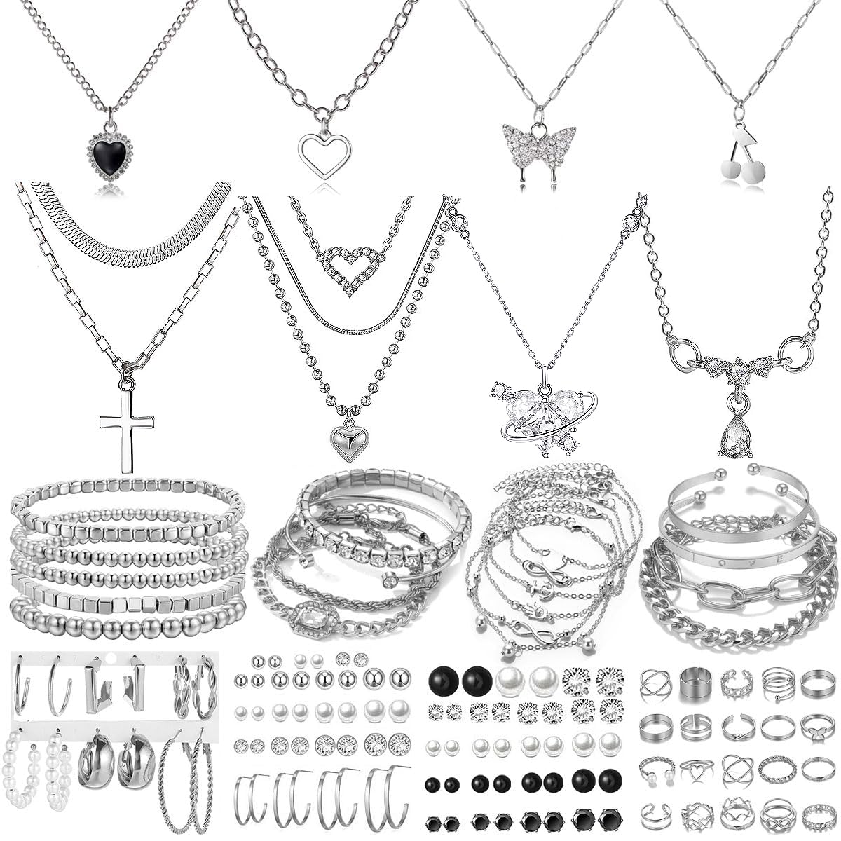 IFNODO 92 PCS Silver Plated Jewelry Set with 8 PCS Necklace, 19 PCS Bracelet, 44 PCS Stud Hoop Earring, 21 Pcs Knuckle Rings for Women Valentine Anniversary Friendship Gift