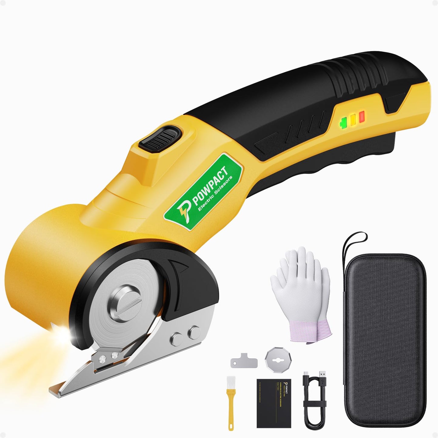 Powpact® High Speed Cardboard Cutter, Cordless Electric Scissors for Cardboard Fabric Carpet, Automatic Electric Box Cutter with Safety Lock - Rechargeable Battery, Heavy Duty Power, Rotary Cutting.