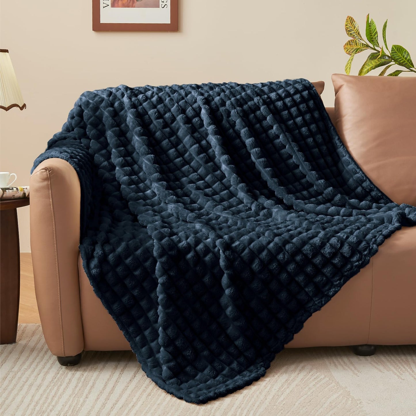 BEDELITE Navy Throw Blanket for Couch and Bed- Super Soft and Warm 3D Checkered Fluffy Fuzzy Fleece Blanket, Luxurious Plush Cozy Blanket for Room Decor Spring, 50x60 inches