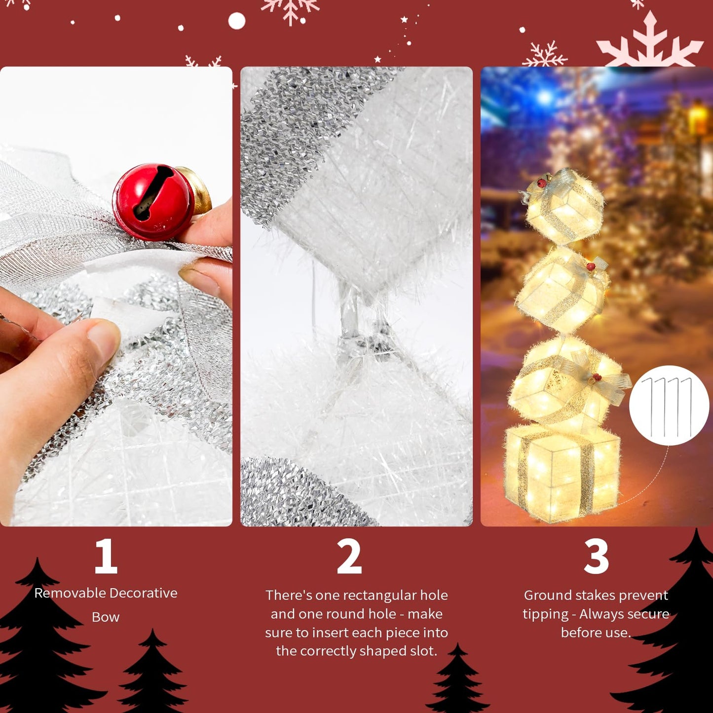 COVFEVER Christmas Lighted Gift Boxes Decorations Set of 4, 2.8Ft Stackable Christmas Nesting Boxes Battery Operated for Home and Party Decoration (8"-6"-5"-4", Silver Bow)