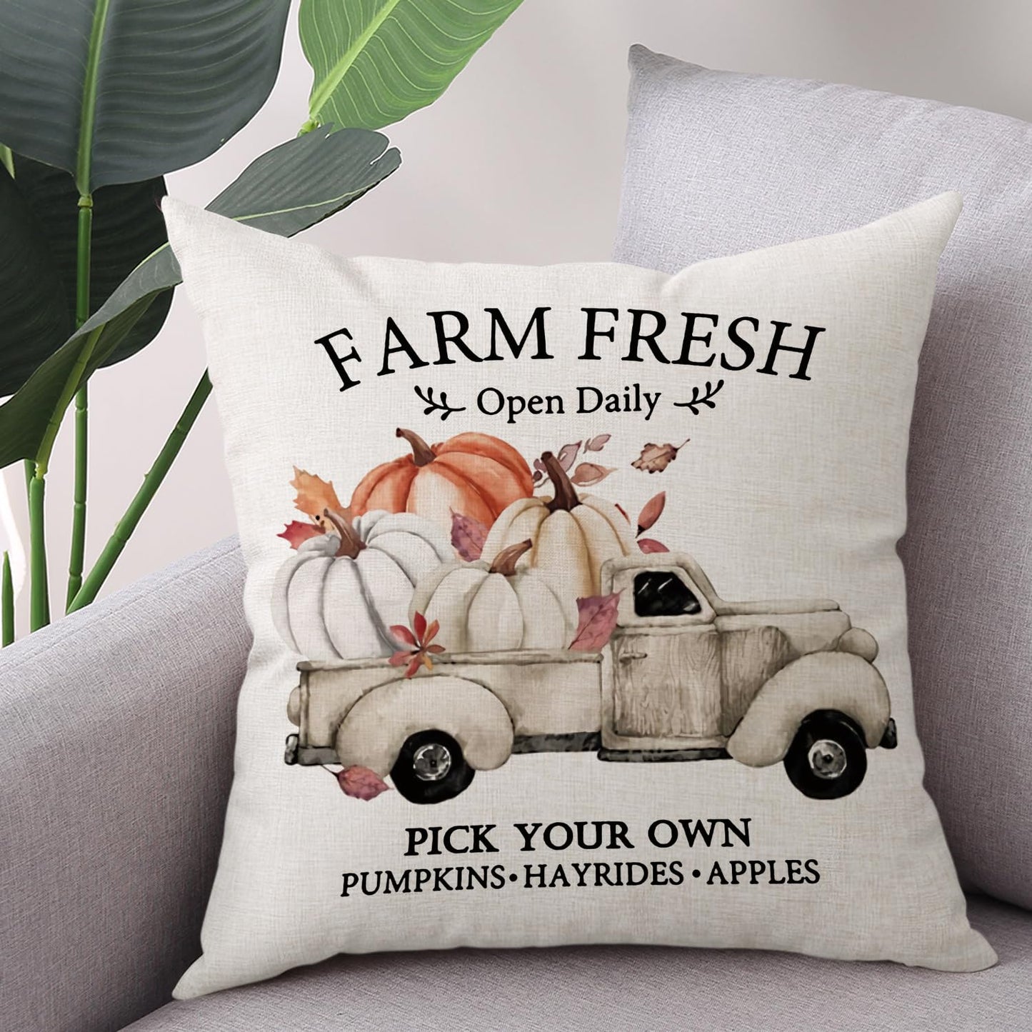 Gujiahone Fall Throw Pillow Covers 18x18 Inches Set of 4 for Fall Decor Gray Pumpkin Truck Happy Harvest Farmhouse Decorative Thanksgiving Autumn Cushion Covers for Sofa Couch