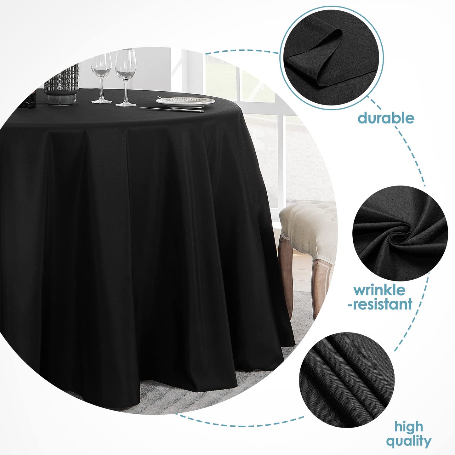 Vidafete 2 Pack 120inch Round Tablecloth Polyester Table Cloth，Stain Resistant and Wrinkle Polyester Dining Table Cover for Kitchen Dinning Party Wedding Rectangular Tabletop Buffet Decoration (Black)