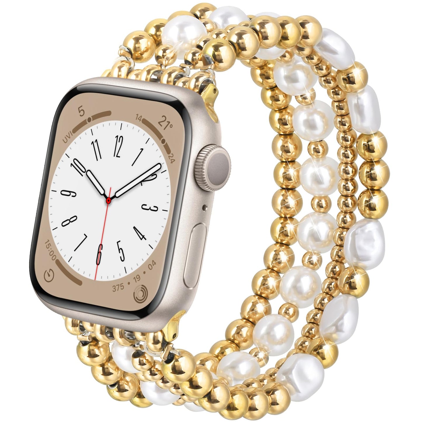 AIRSPO Gold Beaded Bracelets Compatible for Apple Watch Band 38mm 40mm 41mm 42mm 44mm 45mm Women, Fashion Handmade Dressy iPhone Watch Bands Elastic Strap for iWatch Series SE 8 7 6 5 4 3 2 1 (Gold, 38mm/40mm/41mm-S(5.3"-6.2"))