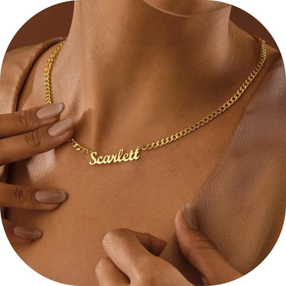Personalized Name Necklace with Curb Chain, 18K Gold Plated Handmade Custom Family Choker Customized Child Nameplate Necklace Mother's Day Jewelry Gift for Mom, Wife (4 Names Necklace)
