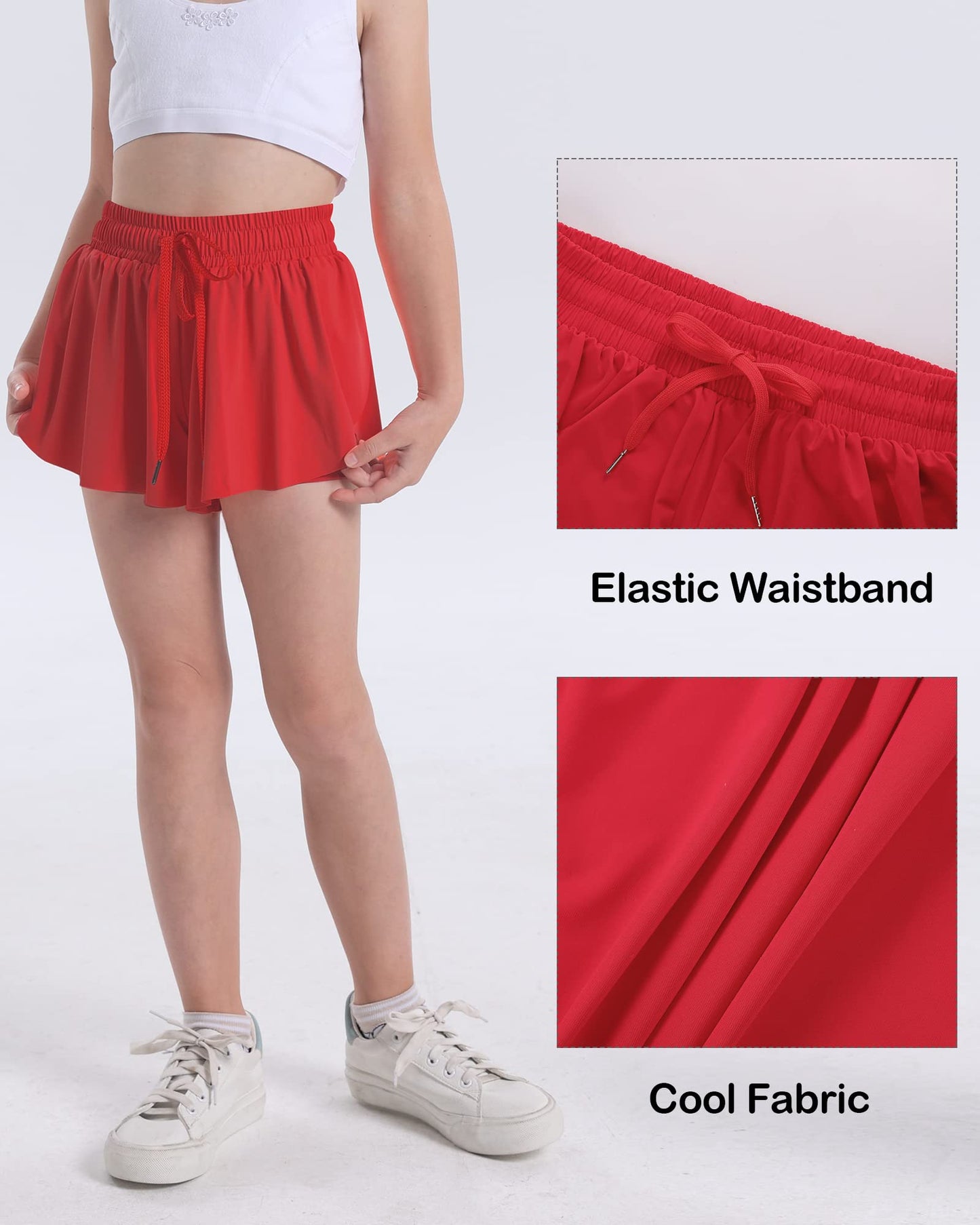 KEREDA Girls Flowy Shorts,Butterfly Shorts for Teen Girls with Spandex Liner 2-in-1 for Running,Gym,Athletic,Workout 1 Pack 11-12Y (Red)