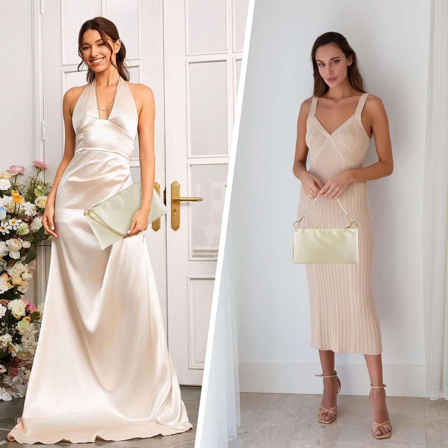 MGBPEI Women Satin Evening Handbag Wedding Prom Clutch Purse Formal Cocktail Party Clutches Shoulder Bag with 2 Bag Chains(Champagne)