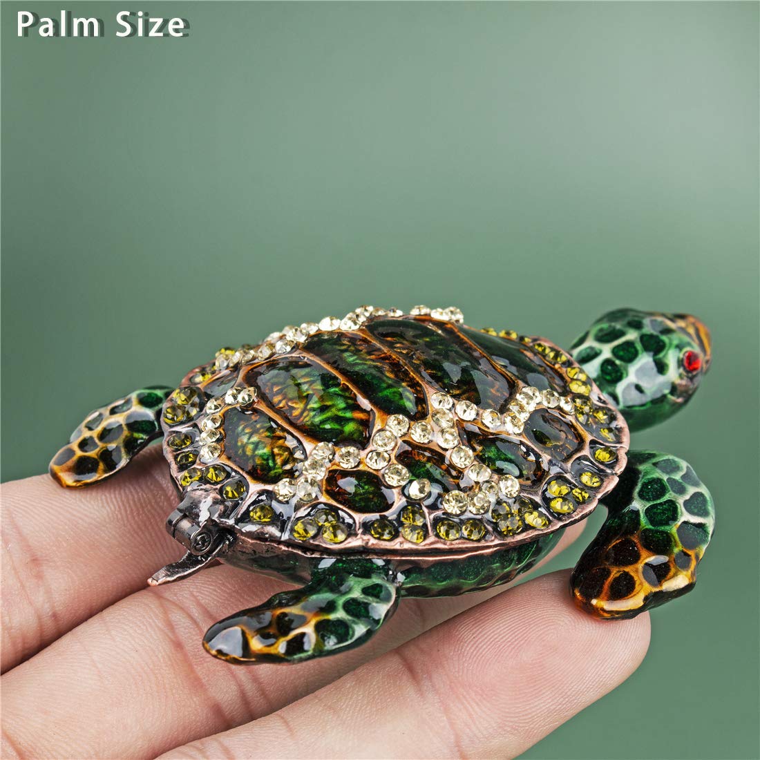 YU FENG Small Turtle Trinket Jewelry Box Hinged Rhinestones Jeweled Painted Enameled Sea Turtle Animal Figurines Collectible