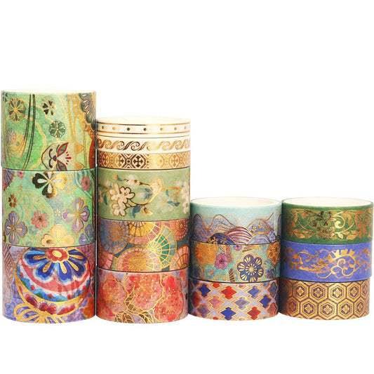 YUBBAEX Splendid Gold Washi Tape Set Embroidery Pattern Foil Decorative Tapes for Arts, DIY Crafts, Journal Supplies, Planners, Scrapbook, Gift Wrapping 15 Rolls (Fierce Flowers)