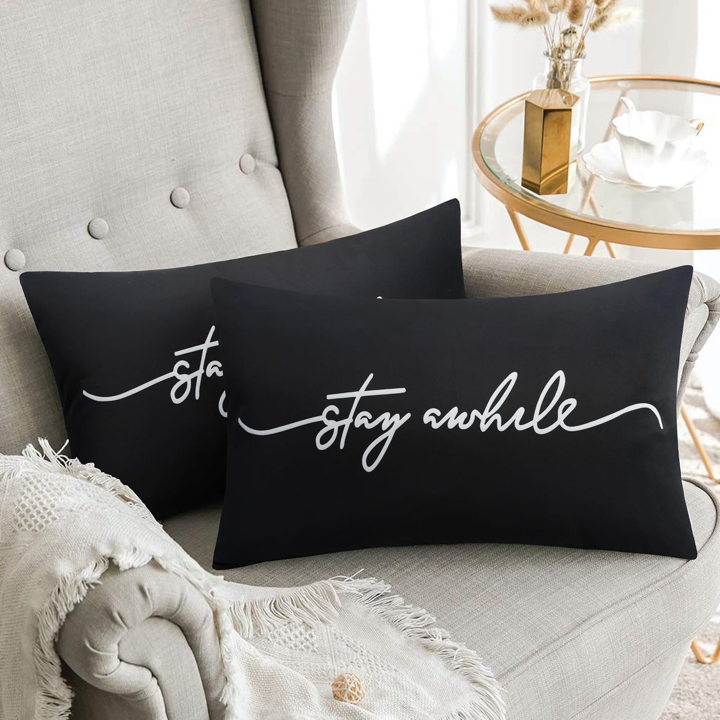 Adabana Outdoor Waterproof Throw Pillow Covers Set of 2 Stay awhile Decorative Outdoor Lumbar Pillows Cover for Patio Garden Porch Black 12x20 Inch